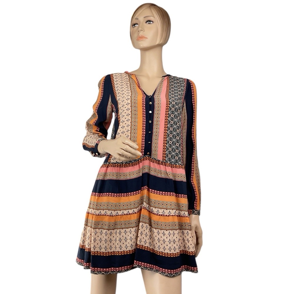 LOFT Foulard Patchwork Button Teared Swing Dress size XS Multicolor